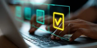 close up hands typing laptop glowing checkmark icon symbolizing approval close up hands typing laptop 374437895